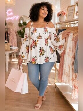 Torrid Floral Cold Shoulder Blouse Size 3 (3X) Boho Romantic Top (22-24)